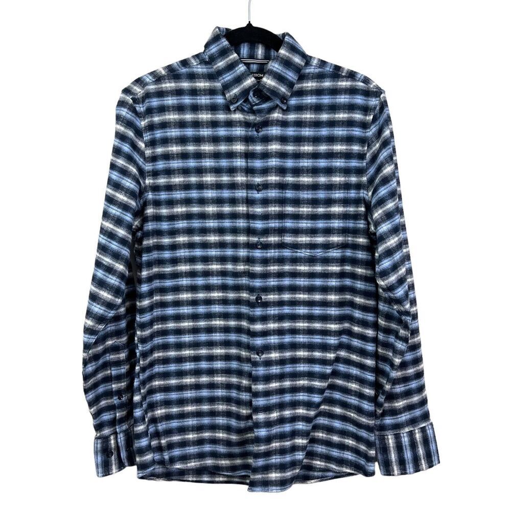 Nordstrom Button Down Plaid Shirt Tech Smart Trim Fit Pocket Blue White Men S*